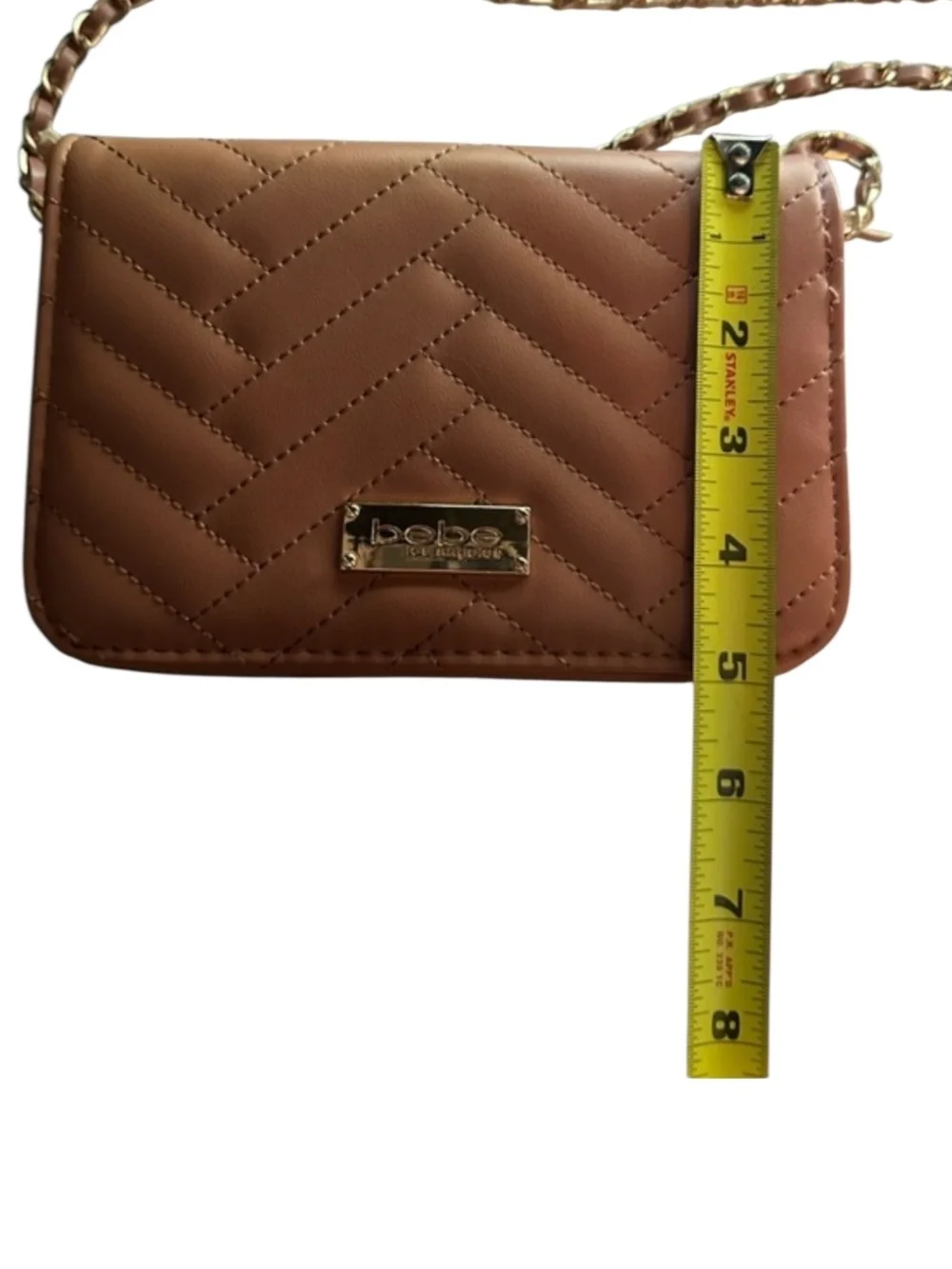 Bebe Sophia Quilted Chevron Flap Wallet Crossbody Bag Taupe Gold Chain New